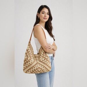 WOVEN WHIMSY TWO TONE RAFFIA KNIT SHOULDER BAG